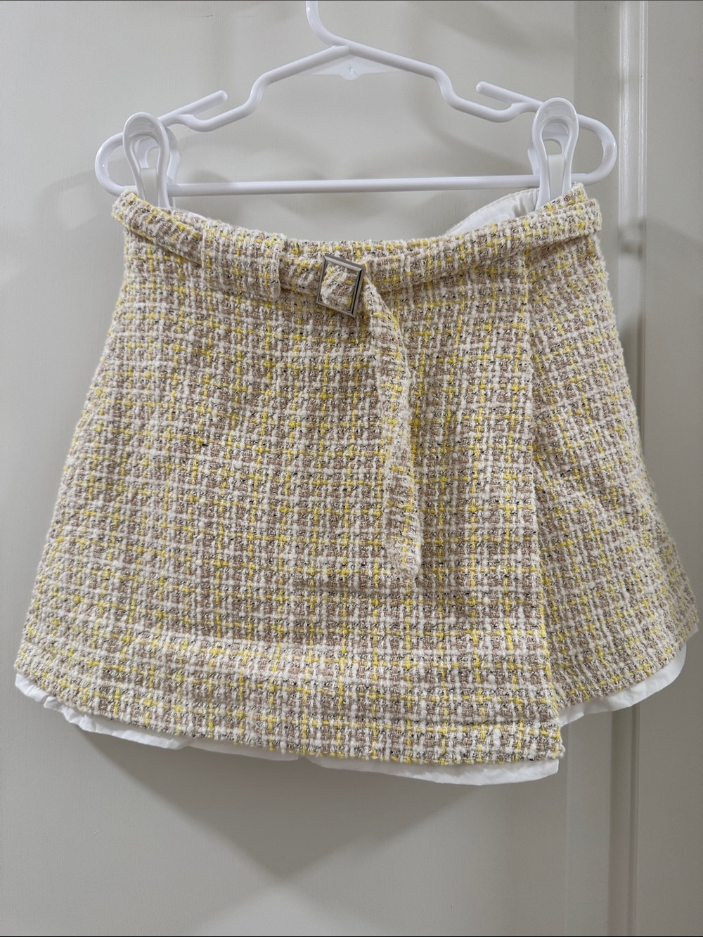 Zara Girls Textured Tweed Mini Skirt with Belt - Yellow